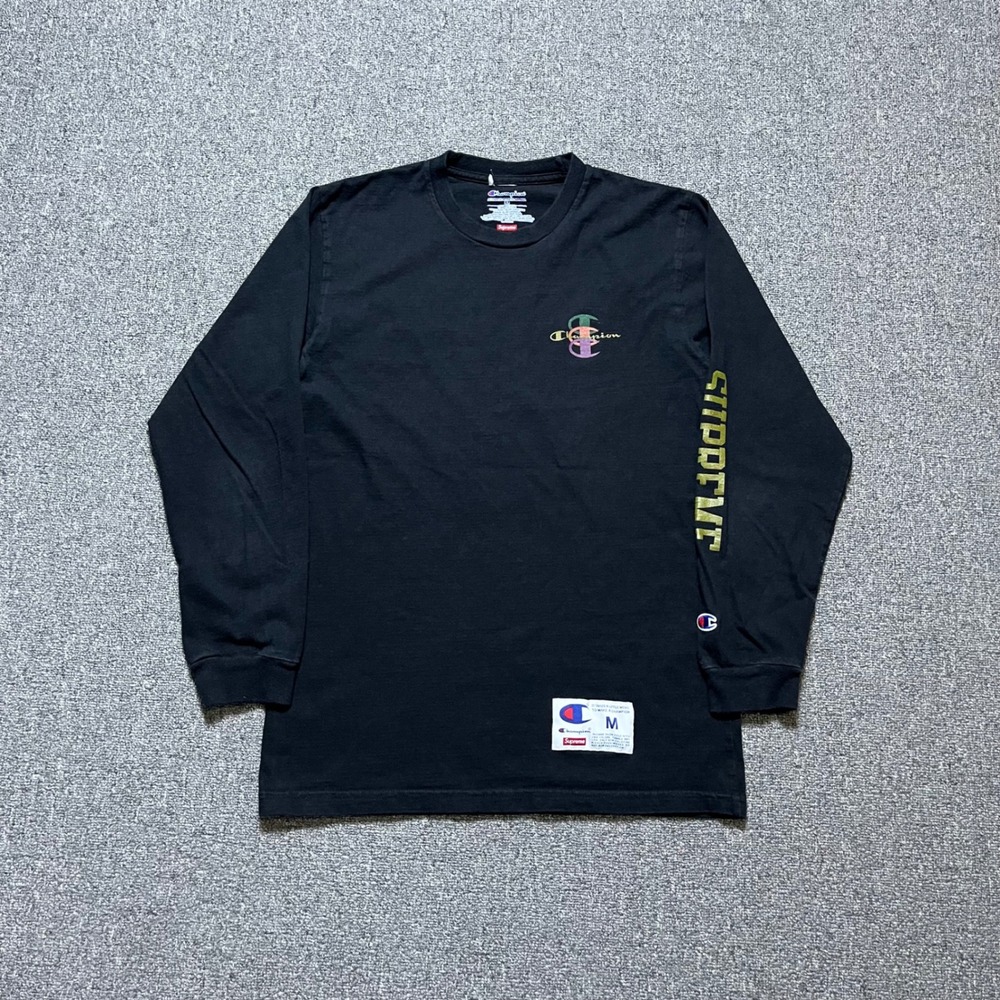 Supreme Champion Long Sleeve Shirt Size M Black Gold Foil Stacked Logo Tee